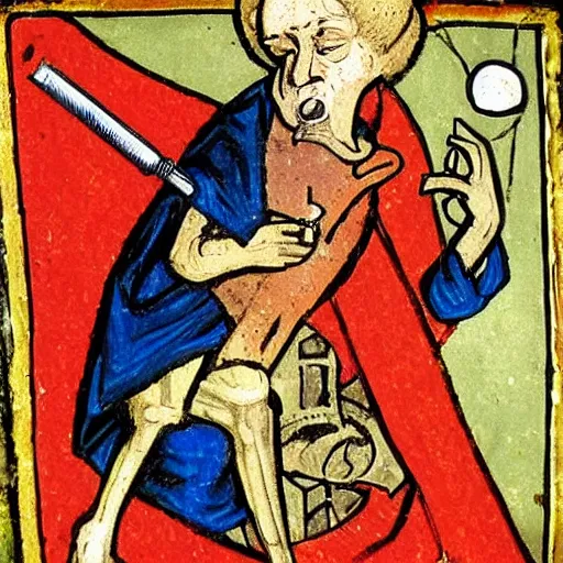 Image similar to medieval painting of tom scott choking on a vape