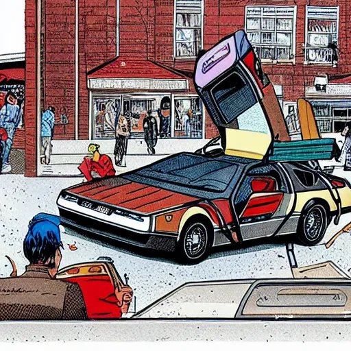 Prompt: marty mcfly is in front of a delorean time machine, style of Geof Darrow