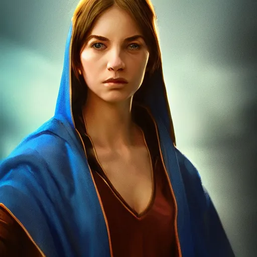 Prompt: full body portrait, young female high wizard in blue robes, dramatic lighting, cinematic, establishing shot, extremly high detail, photo realistic, cinematic lighting, post processed, concept art, artstation, matte painting, style by eddie mendoza, raphael lacoste, alex ross