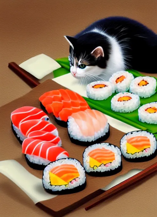 Image similar to clear photorealistic picture of adorable cats made out of sushi