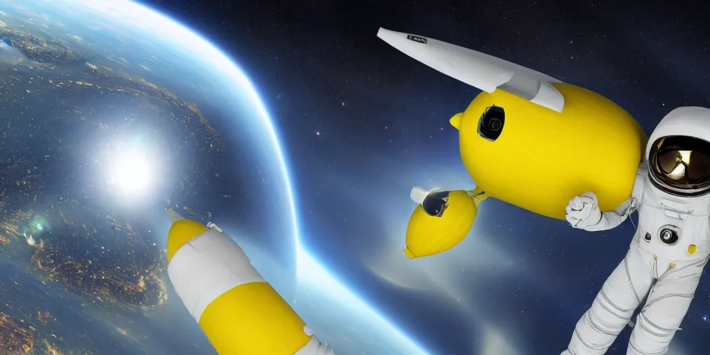 Prompt: ripe lemon astronaut is wearing sunglasses while gazing from the cockpit of space plane at earth from cockpit of space plane. Scene outer space. Background earth. Photorealistic