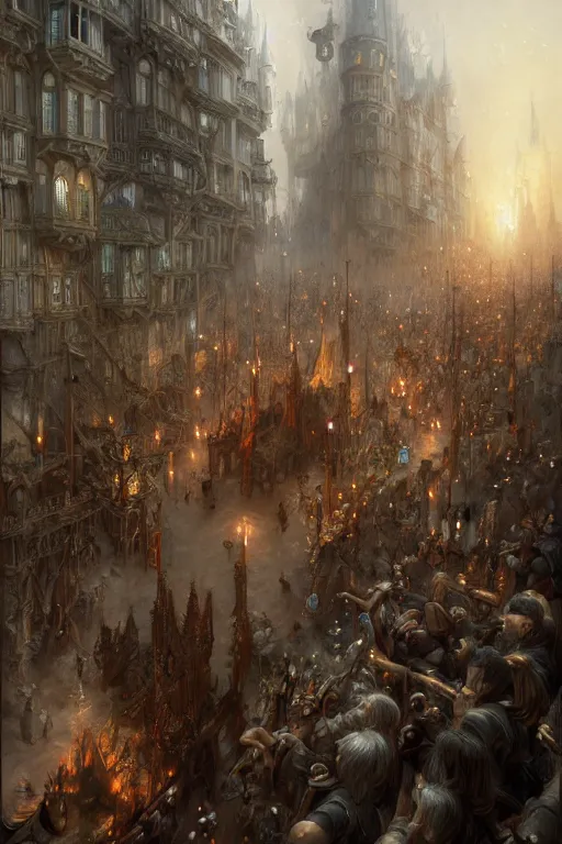 Image similar to medieval parade, holiday, by wlop, by luis royo, by peter mohrbacher, concept art, digital illustration, intricate, masterpiece, elegant, super detailed, unreal engine rendering, smooth, sharp focus, artstation hq