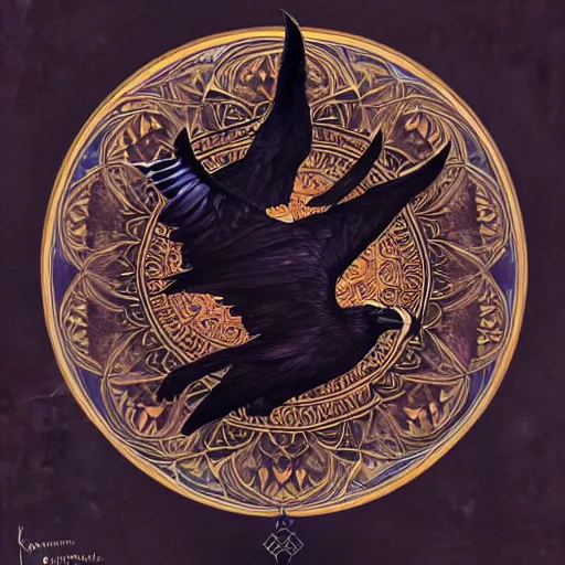 Prompt: simple mandala of ravens, emotionally evoking symbolic metaphors, fantasy, ornamental, detailed digital painting, artstation, concept art, painterly, sharp focus, illustration, art by John Collier and Krenz Cushart and Artem Demura and Rafael and Alphonse Mucha and Albert Aublet