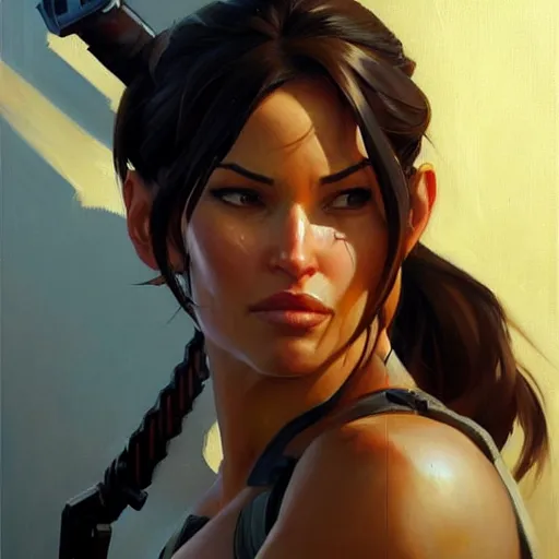 Image similar to Greg Manchess portrait painting of Lara Croft as Overwatch character, medium shot, asymmetrical, profile picture, Organic Painting, sunny day, Matte Painting, bold shapes, hard edges, street art, trending on artstation, by Huang Guangjian and Gil Elvgren and Sachin Teng