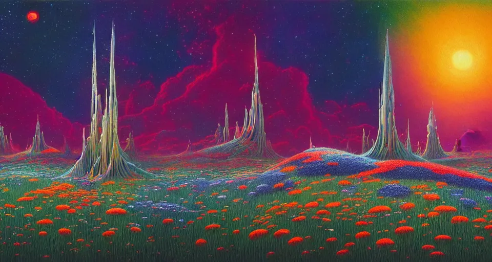 Prompt: a beautiful up close view of a 3 d mystical alien shrine in a field of multicolored colored flowers, underneath a star filled night sky, harold newton, zdzislaw beksinski, donato giancola, warm coloured, gigantic pillars and flowers, maschinen krieger, beeple, star trek, star wars, ilm, atmospheric perspective