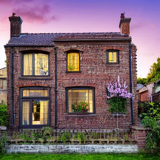 Prompt: a two floor house, exposed brick walls, large tinted window, black window frames, nice flowered distributed back yard with stonemasons, slate roof style, during sunset, nice house lighting