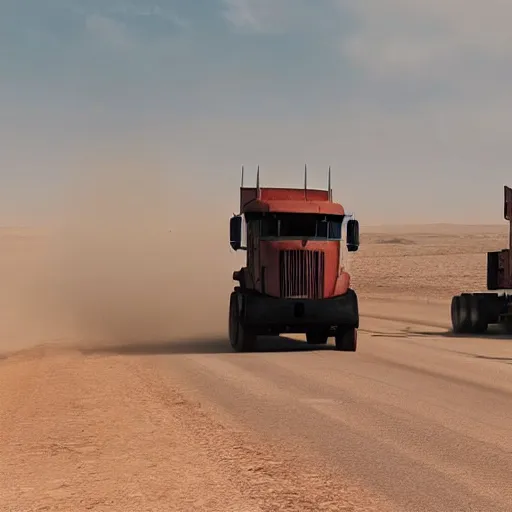 Image similar to t 6 6 0 tractor trailer truck in mad max : fury road, midday light, dust storm,