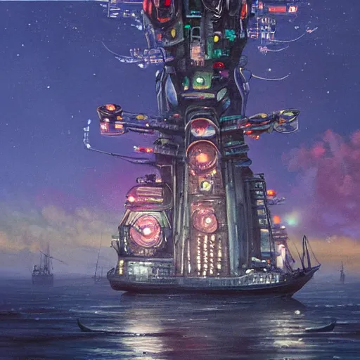 Image similar to an ominous biopunk tower with glowing lights rising in the distance with a ship sailing in the foreground, painting by John Berkley