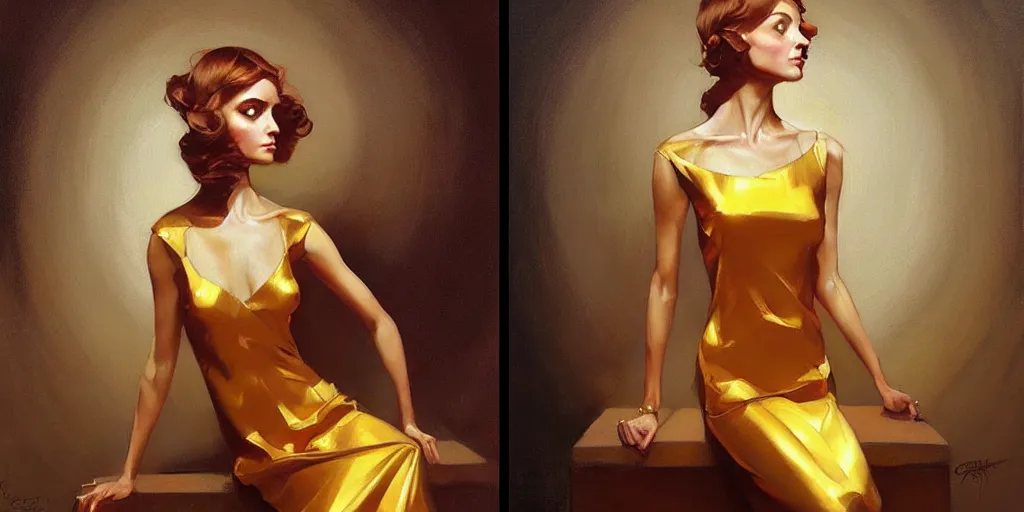 Prompt: a painting of a woman in a golden dress, an art deco painting by Craig Davison, featured on cgsociety, fantasy art, pre-raphaelite, rococo, reimagined by industrial light and magic