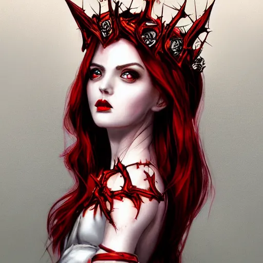 Prompt: side portrait of beautiful vampire, rose thorn crown, thorns everywhere, headshot, pale skin, 4k, bright red hair rule of thirds, extreme detail, detailed drawing, trending artstation, hd, fantasy, D&D, realistic lighting, by Artgerm, Thomas Kindkade, sharp focus, backlit, elegant
