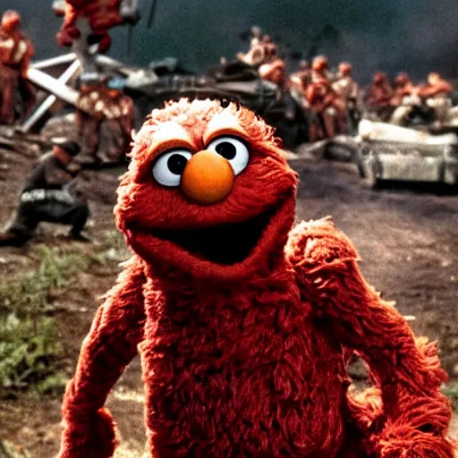 Image similar to elmo in the movie platoon 4k, high detail, high-resolution photograph, gory, war, vietnam