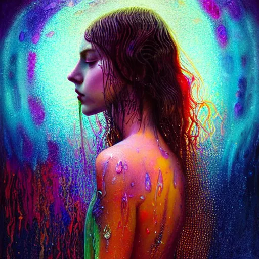 Prompt: girl in psychedelic LSD rain with wet hair and face, fantasy, intricate, elegant, dramatic lighting, emotionally evoking symbolic metaphor, highly detailed, lifelike, photorealistic, digital painting, artstation, concept art, smooth, sharp focus, illustration, art by John Collier and Albert Aublet and Krenz Cushart and Artem Demura and Alphonse Mucha