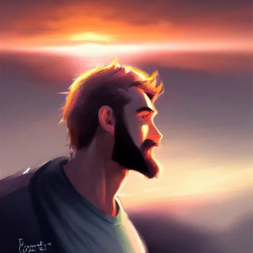 Prompt: young man with a light beard, beautiful sunset, high definition, concept art, digital painting, art station, sharp focus, art by Bowater and Charlie