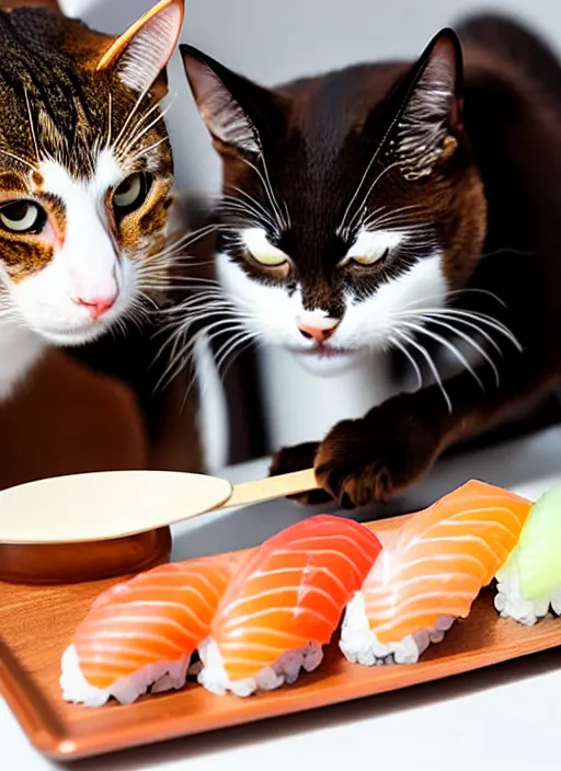 Prompt: clear photograph of cute cats stealing sushi from sushi plates