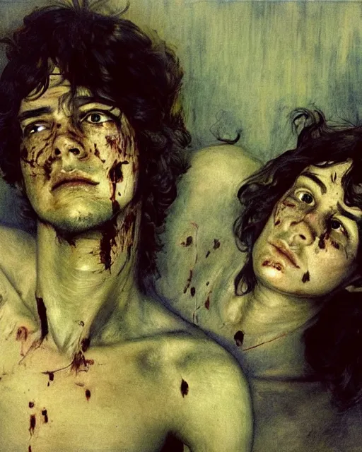 Image similar to two handsome but creepy siblings in layers of fear, with haunted eyes and wild hair, 1 9 7 0 s, seventies, wallpaper, a little blood, moonlight showing injuries, delicate embellishments, painterly, offset printing technique, by coby whitmore, jules bastien - lepage