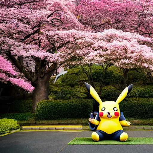 Prompt: A giant Pikachu wearing headphones while sitting against a blossom tree in Japan, XF IQ4, 150MP, 50mm, f/1.4, ISO 200, 1/160s, natural light, Adobe Photoshop, Adobe Lightroom, DxO Photolab, Corel PaintShop Pro, rule of thirds, symmetrical balance, depth layering, polarizing filter, Sense of Depth, AI enhanced