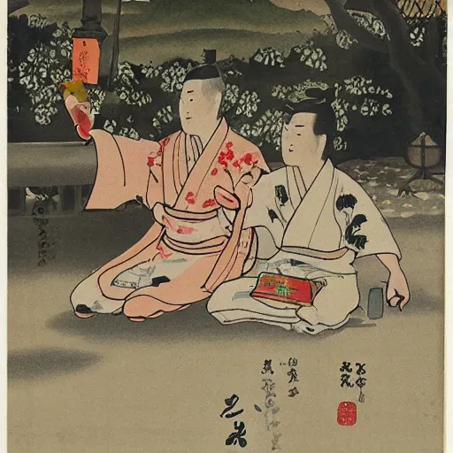 Prompt: two playboys drinking sake in a parc, Jigoku zoshi