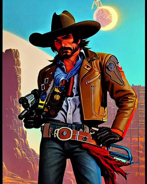 Image similar to mccree from overwatch, cyber cowboy, character portrait, portrait, close up, concept art, intricate details, highly detailed, vintage sci - fi poster, retro future, vintage sci - fi art, in the style of chris foss, rodger dean, moebius, michael whelan, and gustave dore