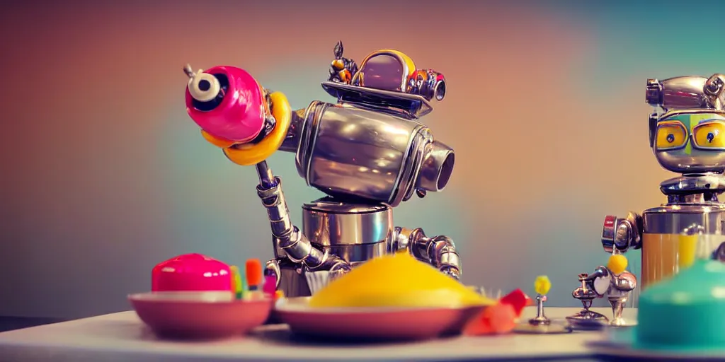 Prompt: closeup portrait of tin toy retro pastry chef robot mixing colourful chemicals and cooking pastry cake in a kitchen, depth of field, zeiss lens, detailed, centered, fashion photoshoot, by nicoletta ceccoli, mark ryden, lostfish, breathtaking, 8 k resolution, extremely detailed, beautiful, establishing shot, artistic, hyperrealistic, octane render