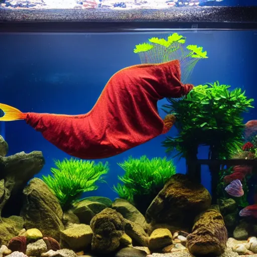 Prompt: a man in a fishtank dressed as a fish, reclining and smoking