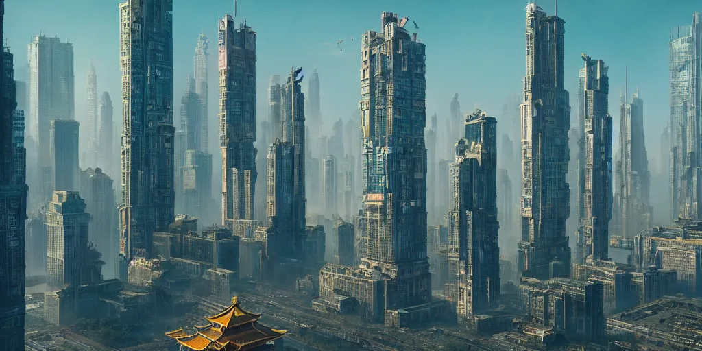 Prompt: a very high resolution image from a new movie, towering skyscrapers, cyberpunk building, forbidden city, chinese tower, fantasy, wideshot, photorealistic, photography, directed by wes anderson