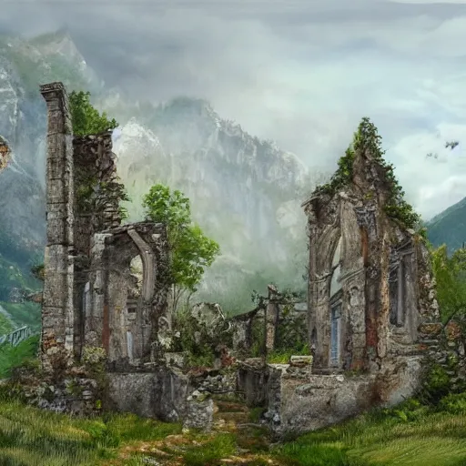 Prompt: ruins on top of mountain in the village of verclause france, digital painting, realism, 4 k,