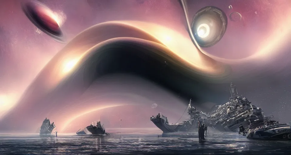 Prompt: The great migration of people on a huge ship collapsed in the form of an O'Neill cylinder in orbit of a black hole, rectilinear, barometric projection, dutch angle from space view, concept art, high detail, intimidating, deep rich colors, iridescent radiance, epic scale ultrawide angle, stunning, epic, cinematic, Artstation trending, octane render, hyperrealistic, Cryengine 8k UHD