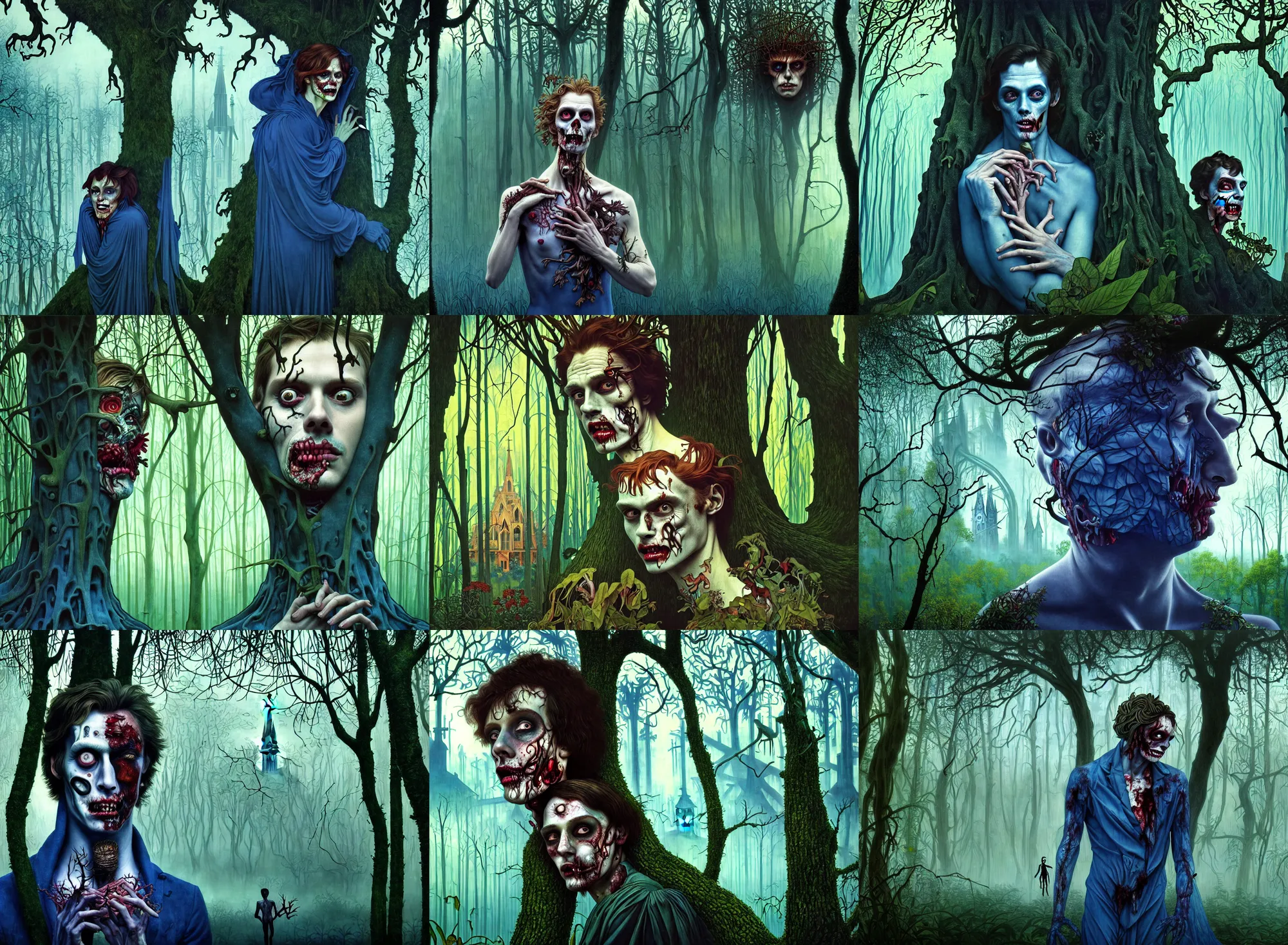 Prompt: realistic detailed closeup portrait movie shot of an beautiful elegant male zombie hiding in trees, futuristic forest with a church in background by jean deville, amano, yves tanguy, denis villeneuve, alphonse mucha, max ernst, caravaggio, roger dean, masterpiece, rich moody colours, blue eyes