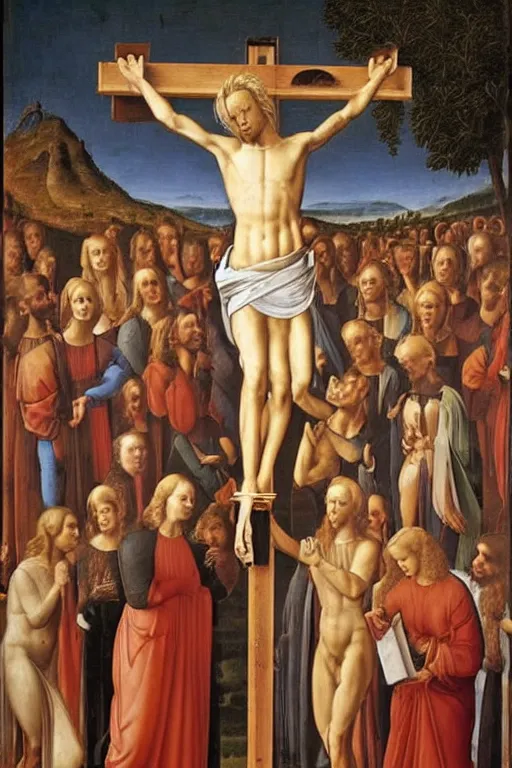 Prompt: painting of blonde geert wilders being crucified, renaissance, breathtaking painting by pietro perugino