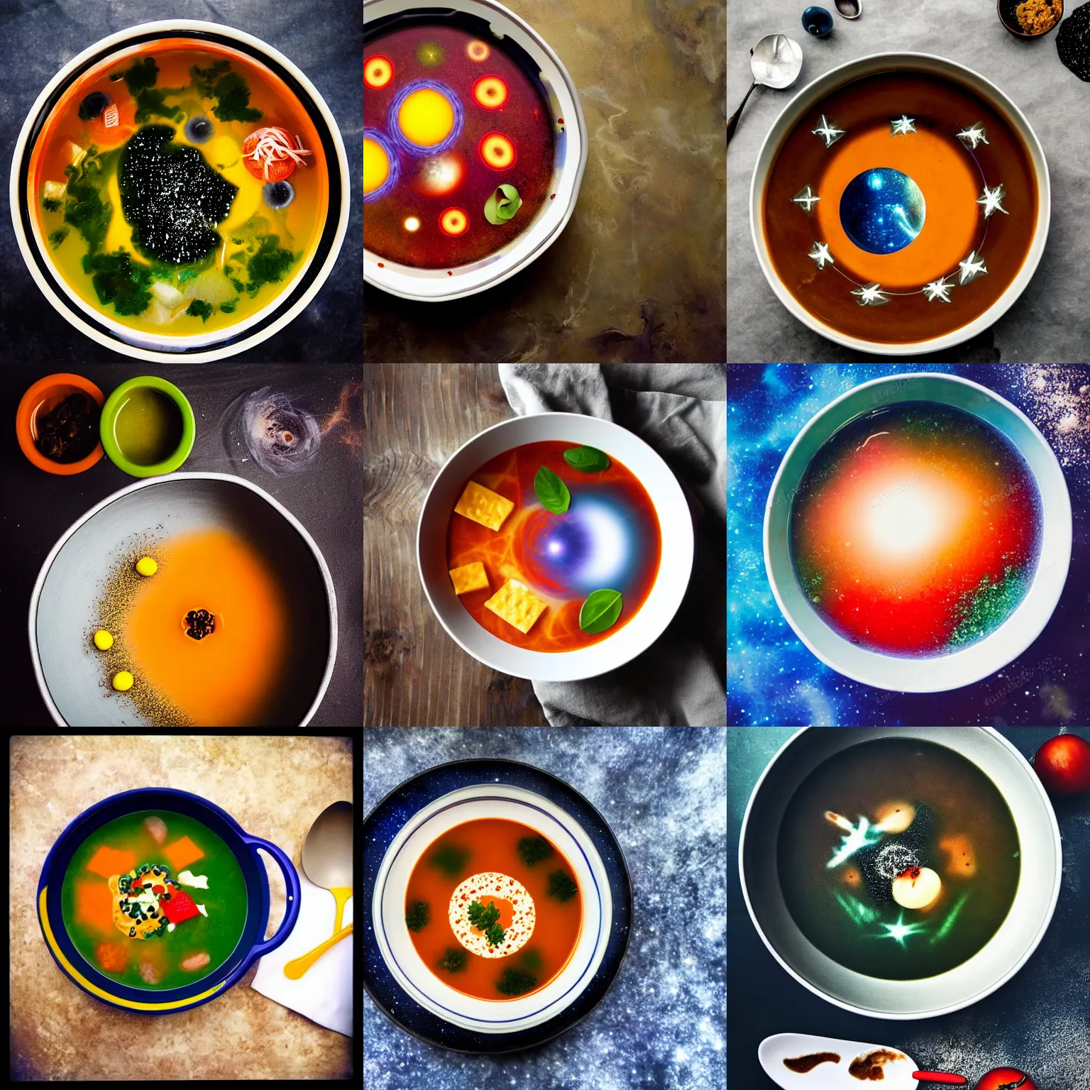 Prompt: space and cosmos soup in a bowl, food photography