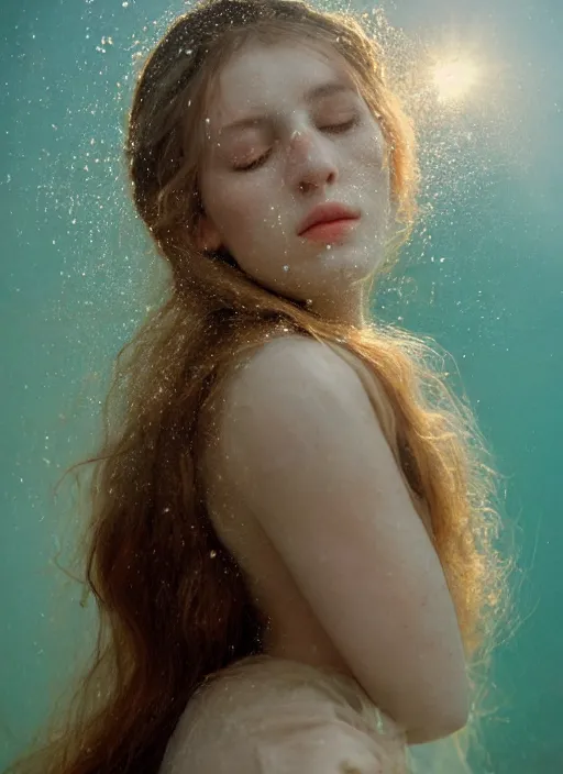 Prompt: Kodak Portra 400, 8K, soft light, volumetric lighting, highly detailed, britt marling style 3/4 , portrait photography of a beautiful woman how pre-Raphaelites by Giovanni Gastel with her eyes closed,inspired by Ophelia Millais Paint , the face emerges from water of Pamukkale, underwater face, the hair are intricate with highly detailed realistic beautiful brunches and flowers like crown, anatomical real full body dressed ethereal lace dress floating in water surface , Realistic, Refined, Highly Detailed, outdoor soft pastel lighting colors scheme, outdoor fine art photography, Hyper realistic, photo realistic