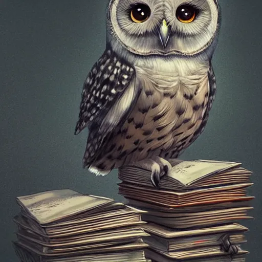 Prompt: long shot of a cute friendly owl sitting on a pile of books, by naoto hatori, by yoshita amano, by esao andrews, fancy illustration hyperrealistic, big depth of field, fresh colors, moody evening light, 3 d octane render conceptart, 4 k, highly detailed, trending on artstation