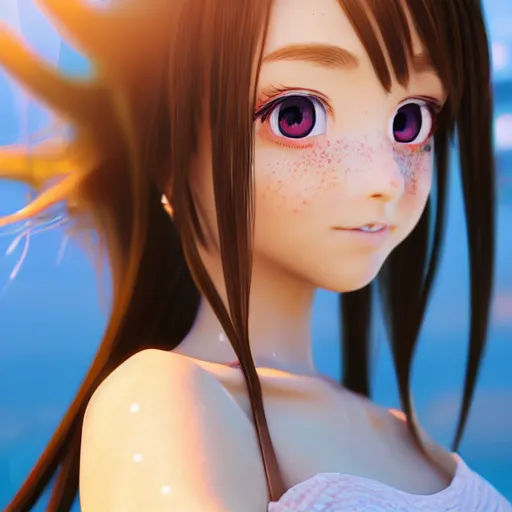 Image similar to Render of a very beautiful 3d anime girl, long hair, hazel eyes, cute freckles, full round face, short smile, cute sundress, golden hour, blue background, medium shot, mid-shot, highly detailed, trending on Artstation, Unreal Engine 4k