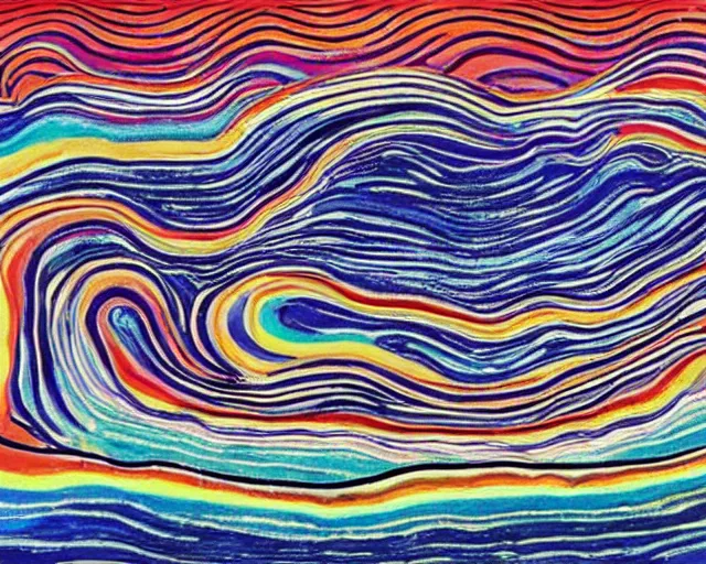 Prompt: Ocean waves in a psychedelic dream world. DMT. Curving rivers. Craggy mountains. Landscape painting by Edvard Munch. David Hockney. Takashi Murakami. Minimalist.