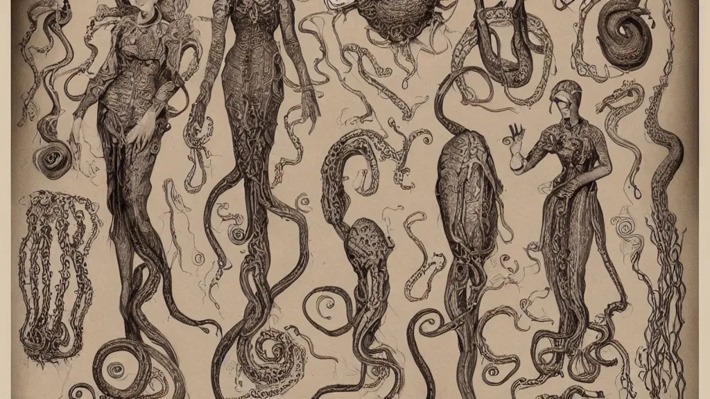 Image similar to aged paper, colorful character sheet for a stocky alien extraterrestrial female servant maid with thick snake - like tentacles instead of hair, long dress with apron, ernst haeckel, coherent, illustration, digital art, trending on artstation, hd, 8 k, good lighting, beautiful, rough paper, masterpiece