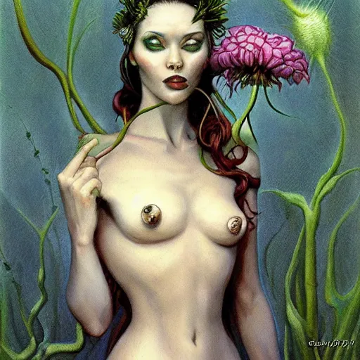 Image similar to woman commands flower creatures, by gerald brom