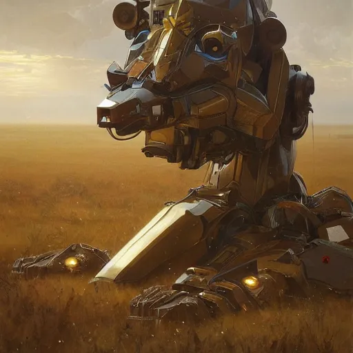 Image similar to epic painting of a realistic four - legged intricate battle robot, rule of thirds, golden ratio, subject in center of frame, trending on artstation, detailed science fiction matte painting by artgerm and greg rutkowski and alphonse mucha,