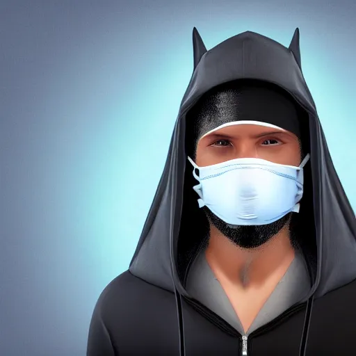 Prompt: a highly detailed, portrait of a man with black hair with a black medical mask, in a hood in the form of a blue shark with white teeth, photorealistic, 4k, beautiful lightning