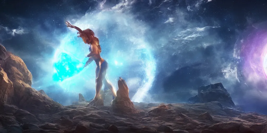 Prompt: godess of energy in space creating new planets, massive cosmos scale, unreal 5, hyperrealistic, realistic, photorealistic, dynamic lighting, highly detailed, cinematic landscape, studio landscape, studio lighting