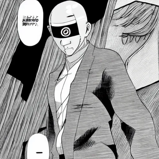 Prompt: Agent 47 in a scene from naruto, trending on pixiv, illustration, pen and ink, art by Viroie and moebius