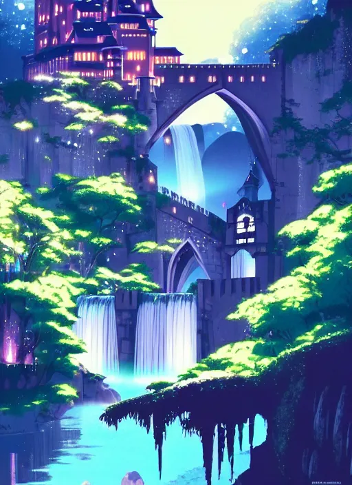 Prompt: magical castle, waterfall, river, nighttime, scenery wallpaper aesthetic, pastel colors, anime style, perspective view, beautiful, cinematic, dramatic, super detailed and intricate, hyper realistic, by satoshi kon, by koson ohara, by darwyn cooke