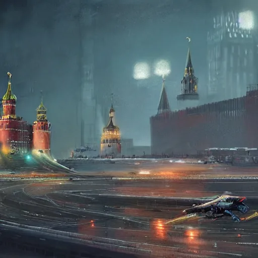 Image similar to Cyberpunk Moscow Kremlin with flying cars by Greg Rutkowski