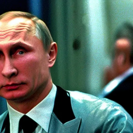 Image similar to Vladimir Putin as a villain in the Power Rangers movie from 1995, fighting, close-up, still