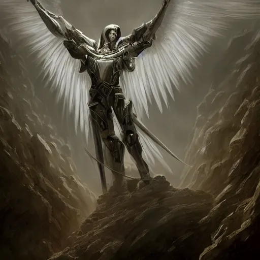 Prompt: an archangel in heavy armor descending from the clouds, artstation hall of fame gallery, editors choice, # 1 digital painting of all time, most beautiful image ever created, emotionally evocative, greatest art ever made, lifetime achievement magnum opus masterpiece, the most amazing breathtaking image with the deepest message ever painted, a thing of beauty beyond imagination or words