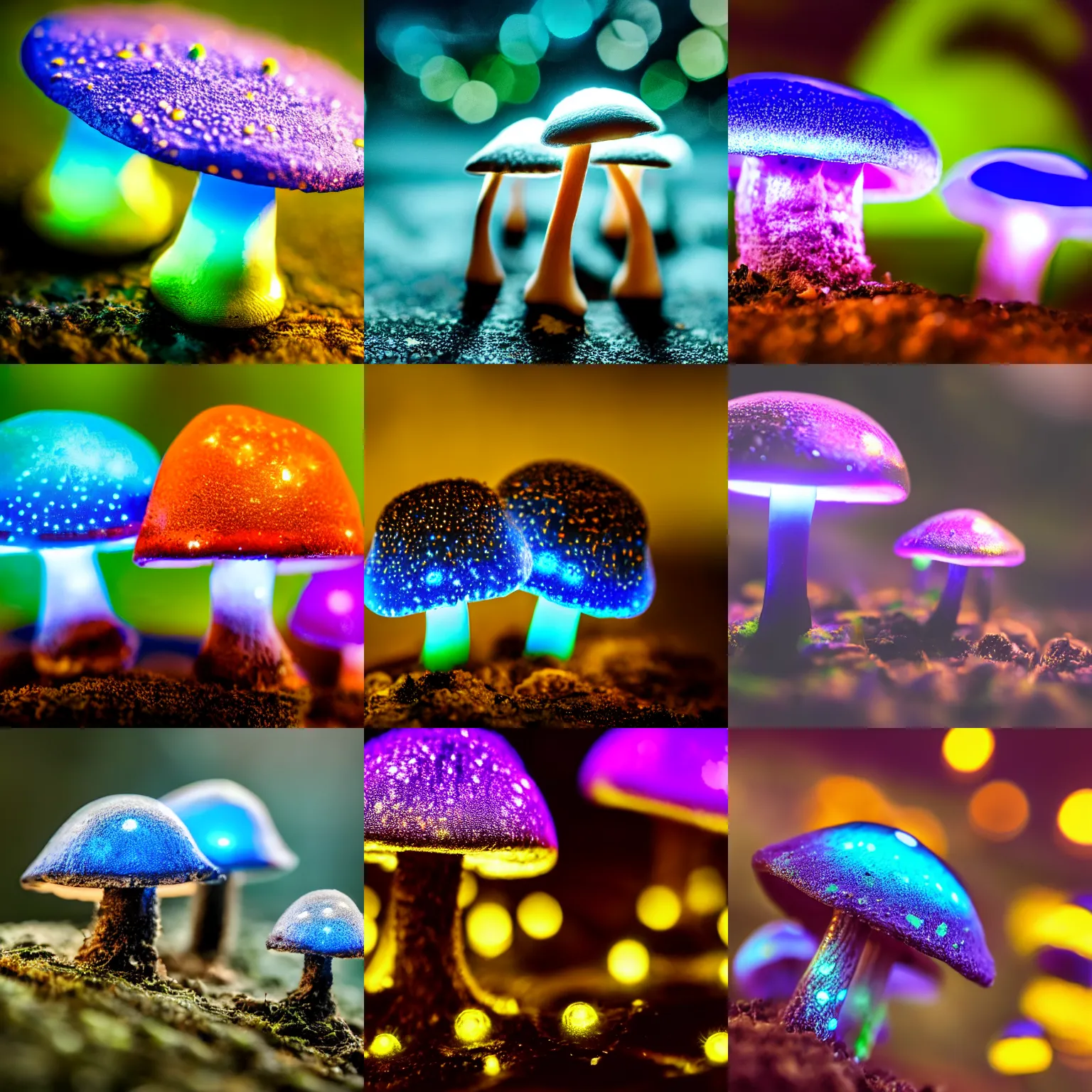 Prompt: a macro shot of bioluminescent mushrooms, dof, 4k, bokeh, acid pixie