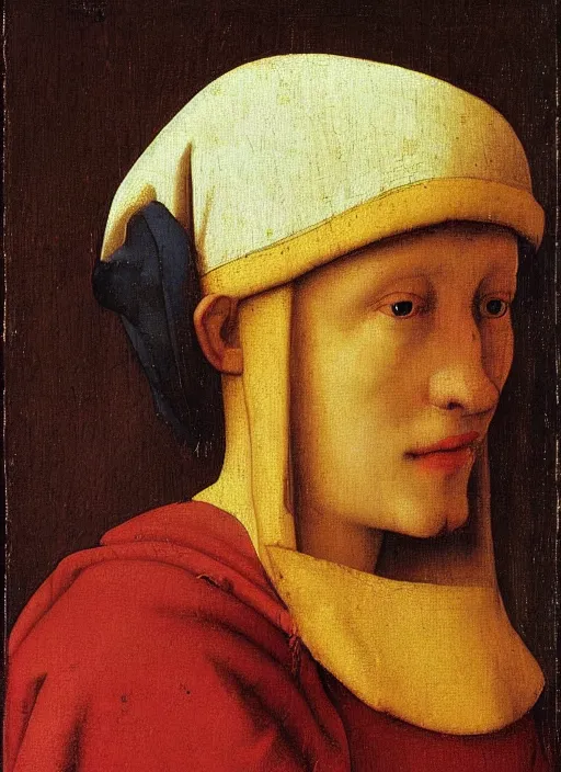 Image similar to red hat, medieval painting by jan van eyck, johannes vermeer