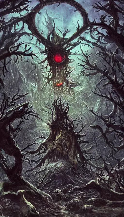 Prompt: a storm vortex made of many demonic eyes and teeth over a forest, from magic the gathering