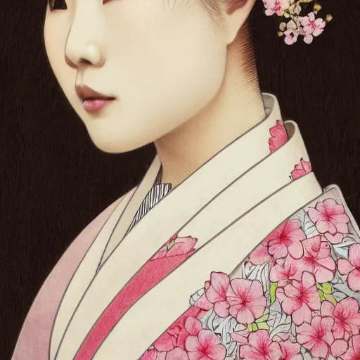 Image similar to side portrait of a young japanese woman wearing a kimono, cherry blossom crown, white hair, long hair, hair down, headshot, hyper realistic, pale skin, 4k, rule of thirds, extreme detail, detailed drawing, trending artstation, hd, fantasy, D&D, realistic lighting, by Alphonse Mucha, Greg Rutkowski, sharp focus, backlit, elegant