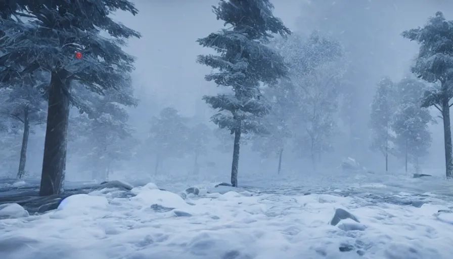 Image similar to Unreal Engine Survival Game in a blizzard, Heavy Thick snow, Fog and Mist, Beautiful dark Landscape, Distant Lights, Hyperrealistic, Hyperdetailed, Concept Art, High Snow