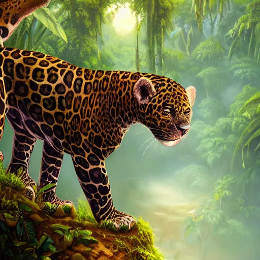 Prompt: jungle jaguar, hyperrealistic oil painting, super detailed, colorized, 4k, trending on Artstation, D&D, fantasy, raytracing, award winning, art by James C Christensen and Michael Hutter, spectacular lighting, octane rendered